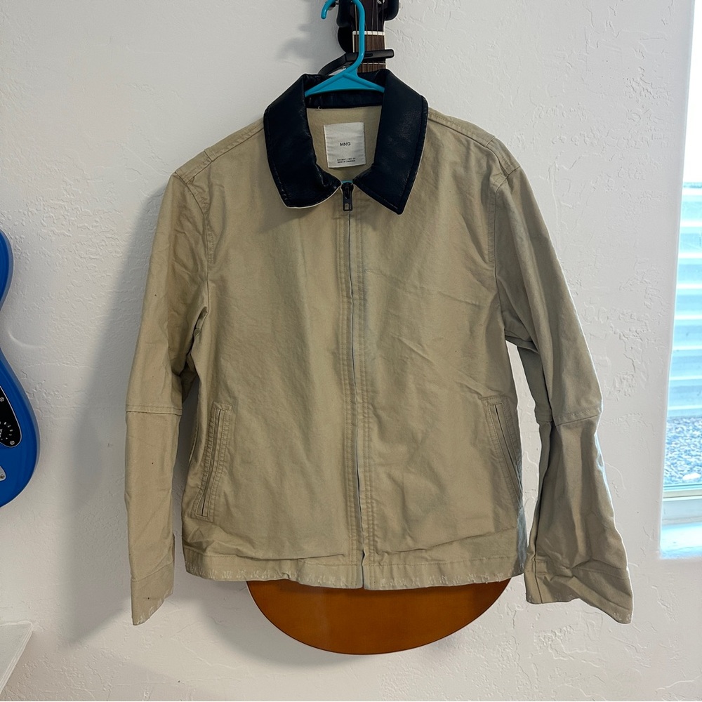 Mango Beige chore Jacket with Black leather Contrast Collar - Picture 4 of 9